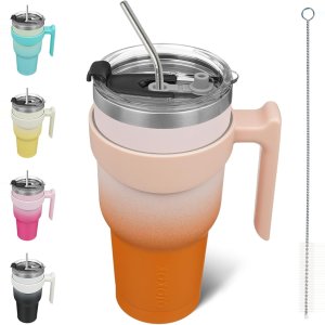 BJPKPK 40盎司带手柄吸管不锈钢杯 珊瑚色