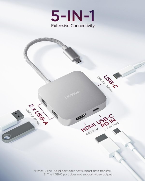 Lenovo USB-C 5合1集线器 90W 银灰色