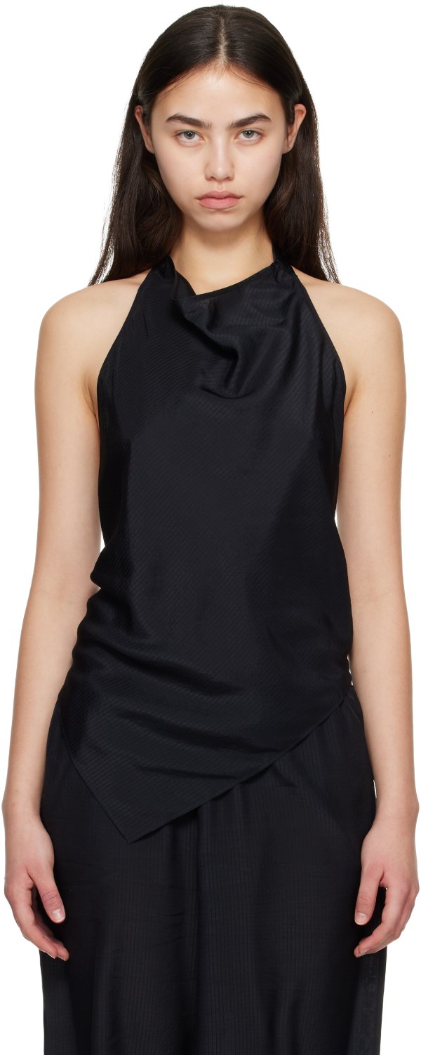 Black Silk Grid Halter Top
