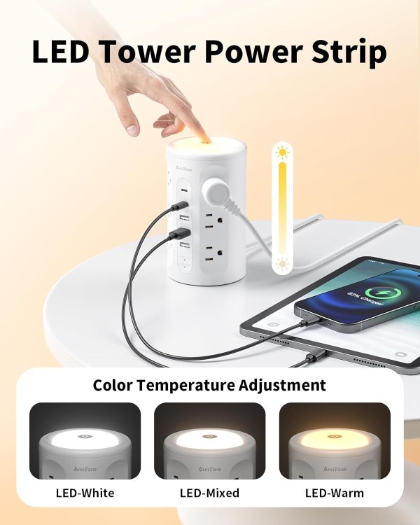 AnnTane Power Strip Tower Night Light 10FT White