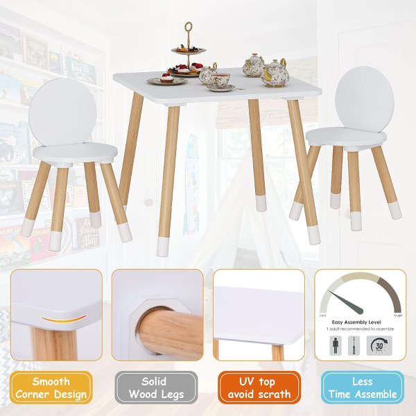 UTEX Kids Table and 2 Chairs Set White