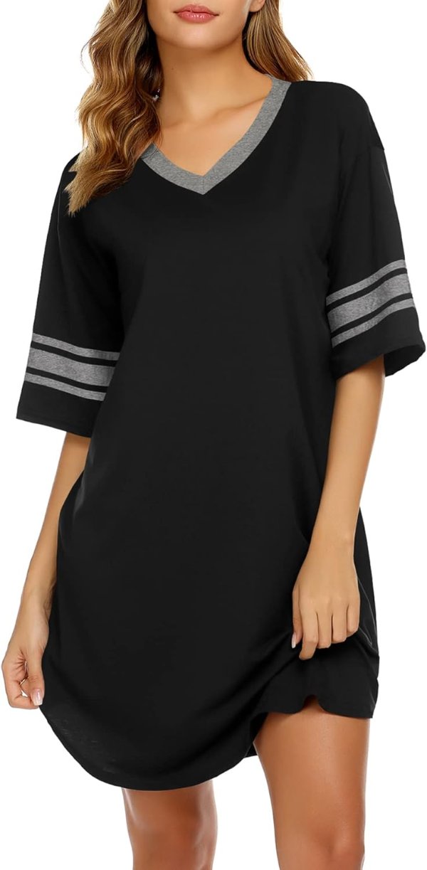Cotton Short Sleeve Nightgown Color Block