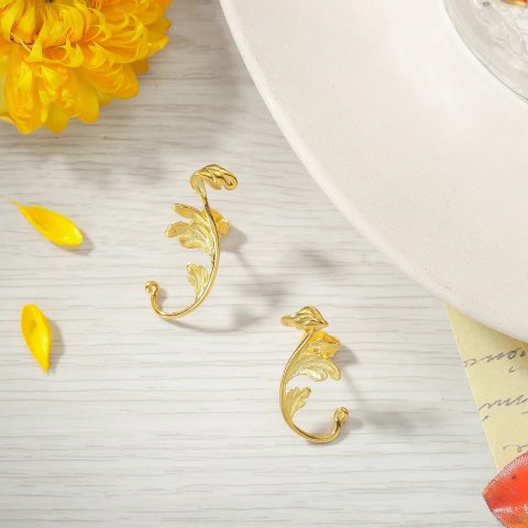  925银雕花叶金叶耳环