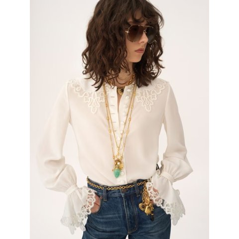 Crepe de Chine and Lace Blouse White