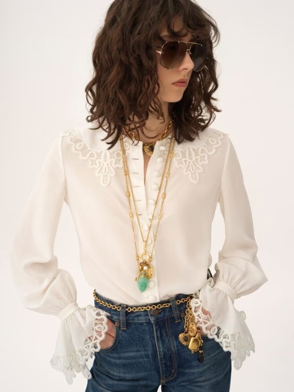 Crepe de Chine and Lace Blouse White
