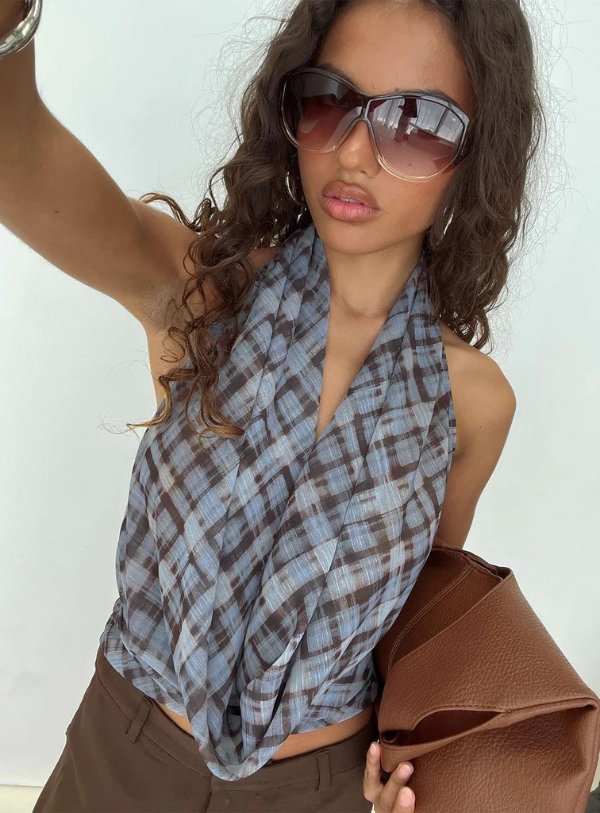 Aldana Plunge Neck Multi Check Top
