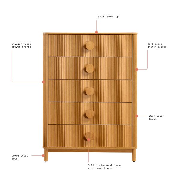 Beautiful Fluted 5 Drawer Dresser 48" Warm Honey
