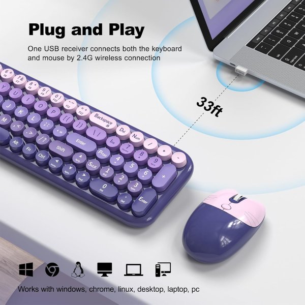 Meidosa 2.4GHz Retro Keyboard Mouse Combo Purple Gradient