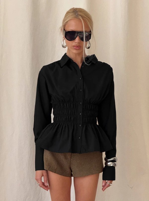 Shirred Button Up Top Black