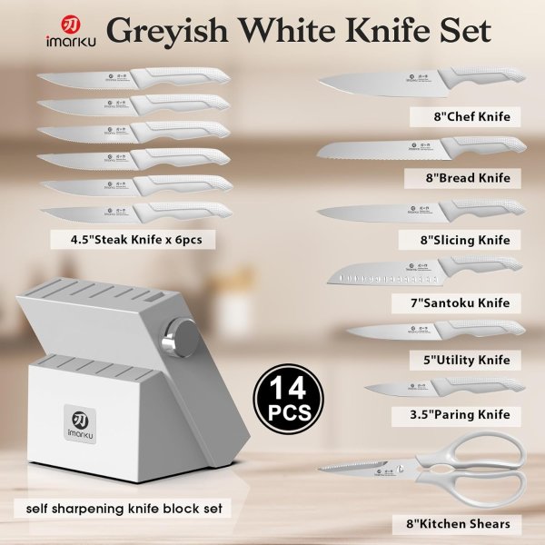 imarku 14-Piece Stainless Steel Kitchen Knife Set White