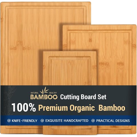 Bamboo Cutting Board Set 3-Piece Heavy Duty with Juice Groove