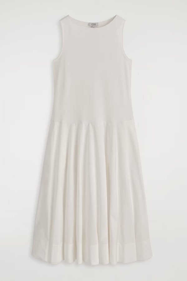 Boat-Neck Cotton Midi Dress White