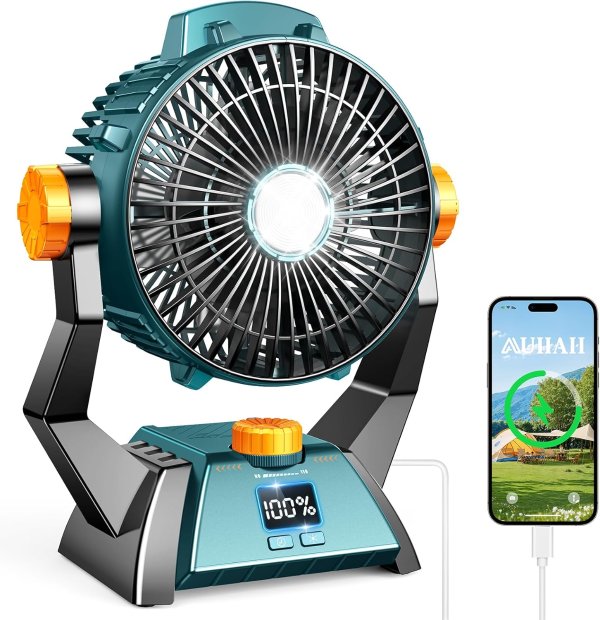 AUIIAH Camping Tent Portable Rechargeable Fan with LED Light USB