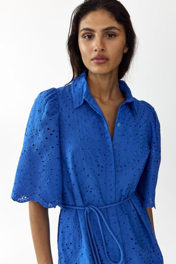  Eyelet-Embroidered Cotton Shirt Dress Blue