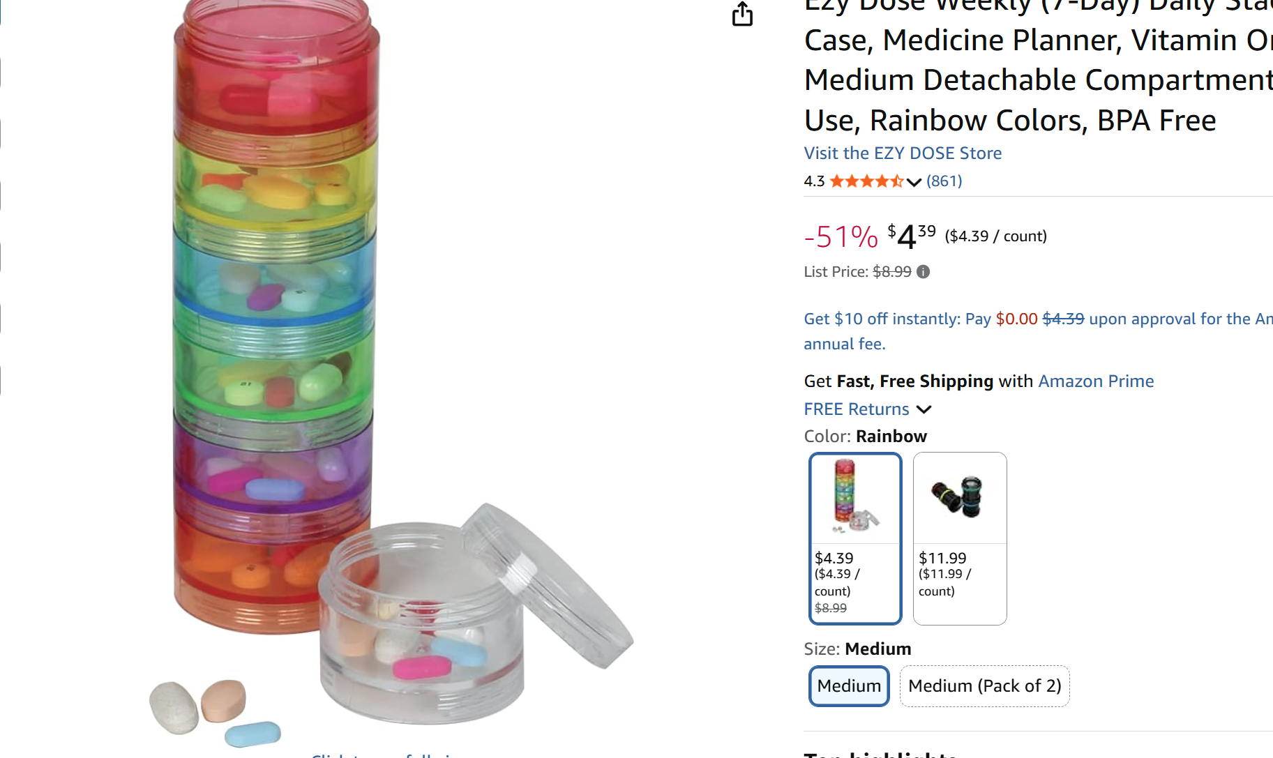 Amazon.com: Ezy Dose Weekly (7-Day) Daily Stackable Pill Case, Medicine Planner, Vitamin Organizer Box, Medium Detachable Compartments, Easy to Use, Rainbow Colors, BPA Free : Health &amp; Household