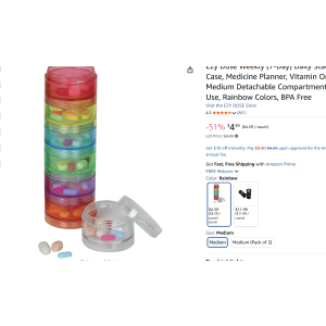 $4.39 Amazon.com: Ezy Dose Weekly (7-Day) Daily Stackable Pill Case, Medicine Planner, Vitamin Organizer Box, Medium Detachable Compartments, Easy to Use, Rainbow Colors, BPA Free : Health & Household