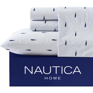 Nautica Whale Stripe Blue 全棉床单四件套 Queen