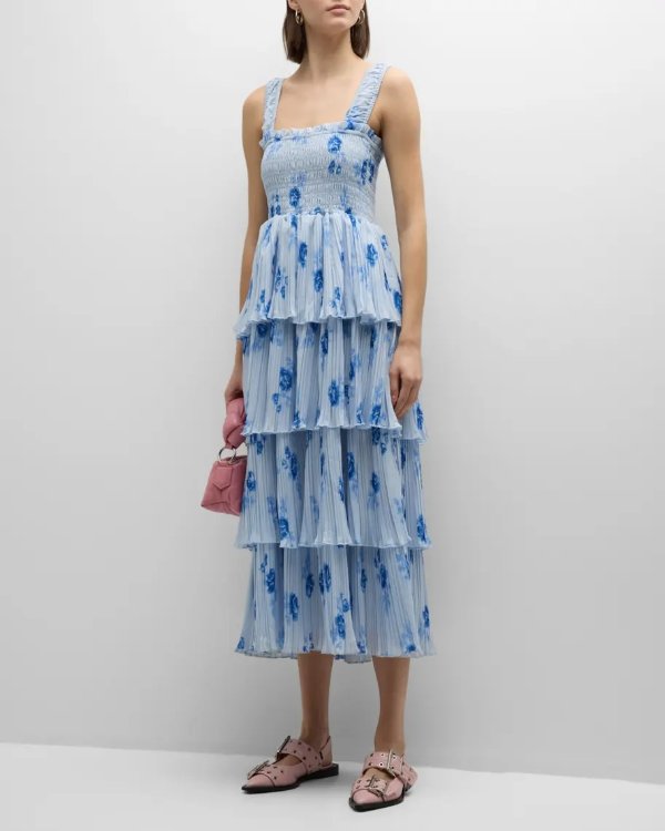 Floral Pleated Georgette Midi Dress