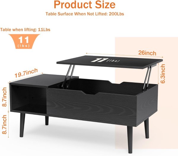 Sweetcrispy Lift Top Coffee Table Black with Storage