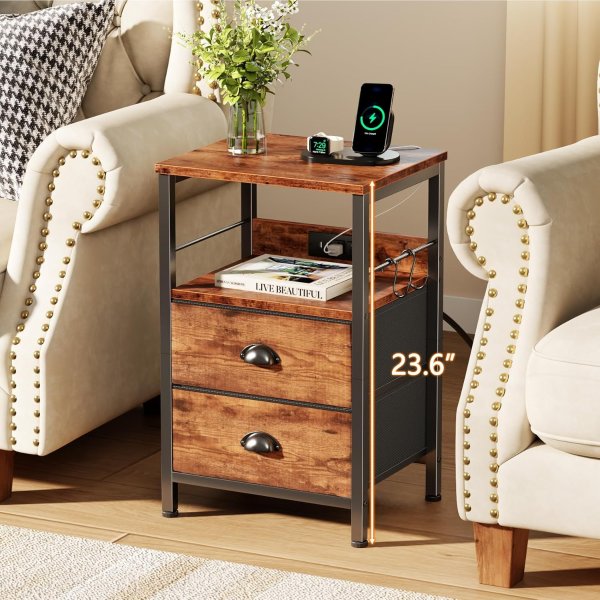 Furologee Nightstand Set 2 Drawers with Charging Station