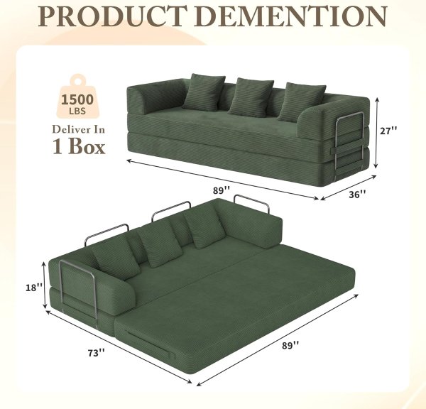 Cloud 89 Inch Corduroy Foldable Sofa Bed Green