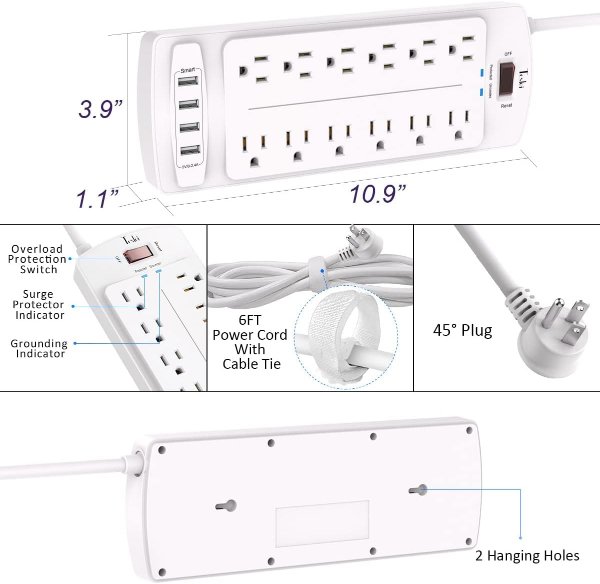 Tcstei 插座排插 12位 4USB 6英尺 白色