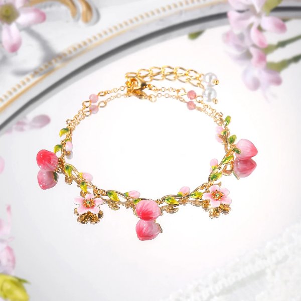  18K Gold Peach Blossom Enamel Bracelet