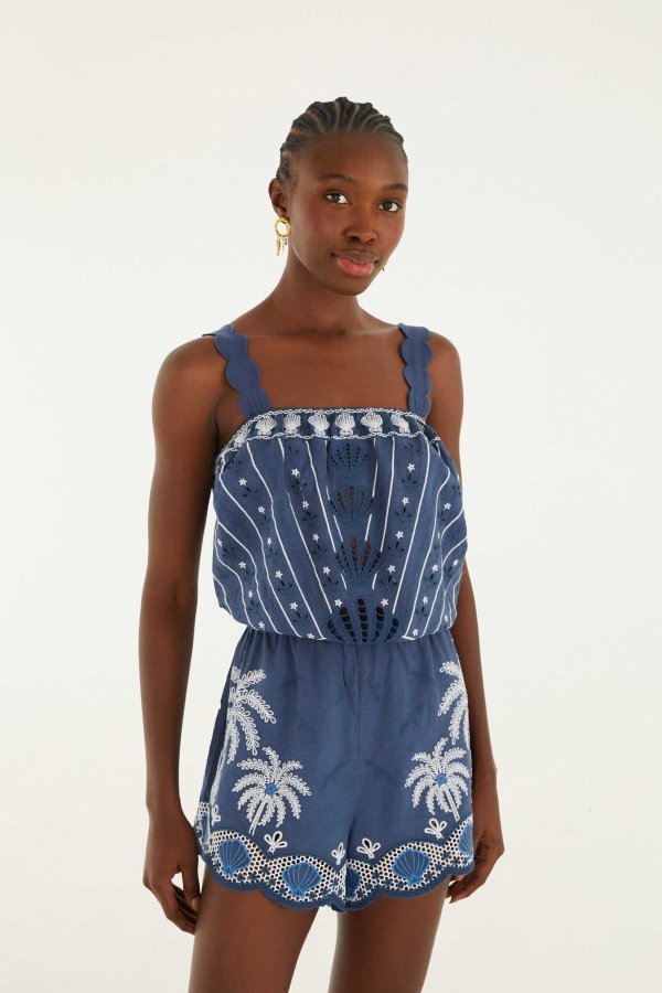 Embroidered Romper Navy