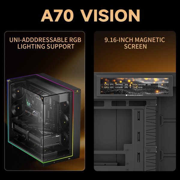A70 Vision ATX Gaming Case Panoramic Glass Type-C 8 Fan Slots