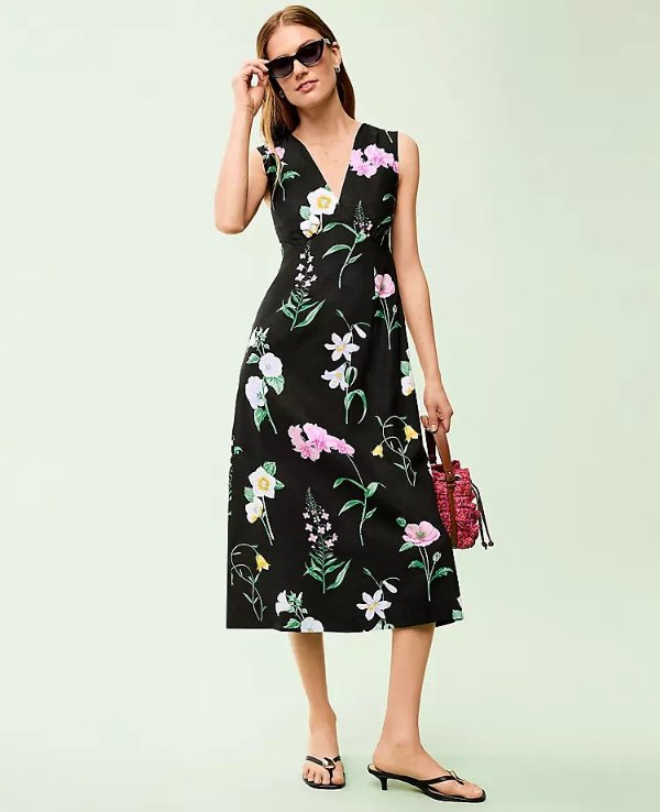 Floral Linen Blend Midi Dress