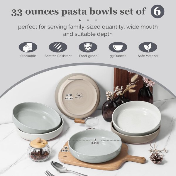 HaWare Ceramic Pasta Bowls 33oz Set of 6