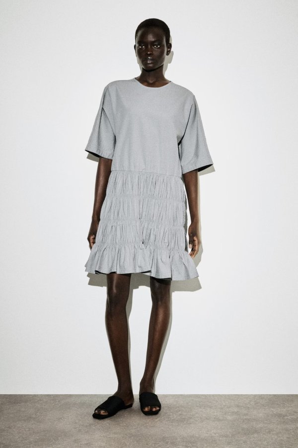 Smocked Seersucker Mini Dress Gray