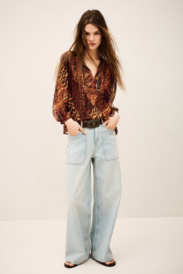  Odetta Patterned Red Long Sleeve Blouse