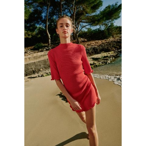Short Rib Knit Dress Coral Red