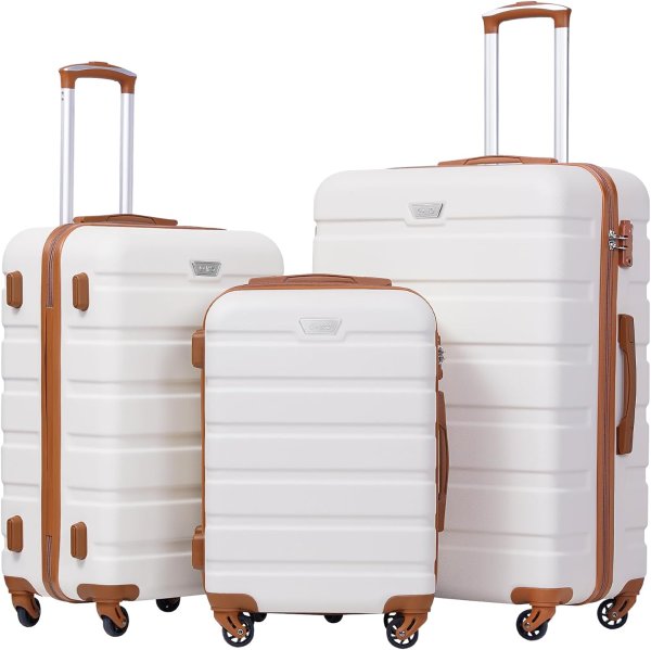 Coolife 20 Inch Hardshell Luggage 3 Piece Set Apricot White