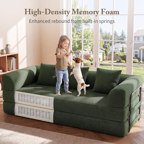 Cloud 89 Inch Corduroy Foldable Sofa Bed Green