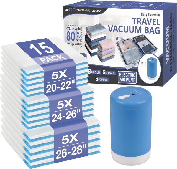 Cozy Essential 旅行真空压缩袋15个+USB无线泵，行李空间翻倍