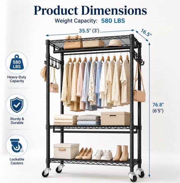 Heavy Duty Double Rod Clothing Rack with Wheels Black 43x18x81 Inch