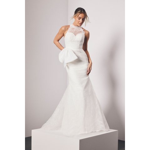 Vera WangLace High Neck Gown with Bow Sash