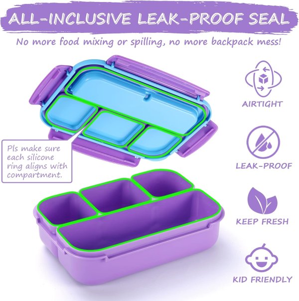 QQKO Kids Bento Lunch Box Purple 4 Compartments