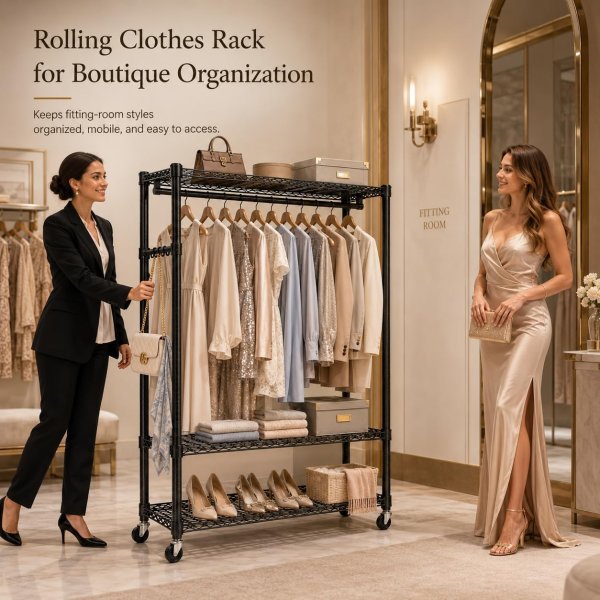 Heavy Duty Double Rod Clothing Rack with Wheels Black 43x18x81 Inch