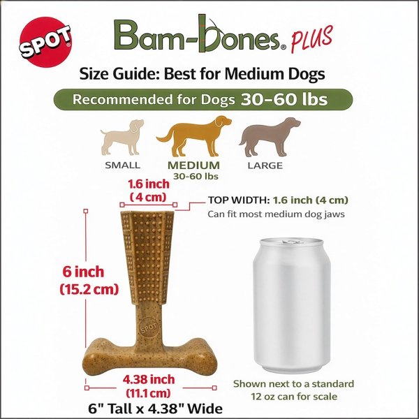 SPOT Bam-Bones T-Bone Dog Chew Bamboo Fiber 6 Inch