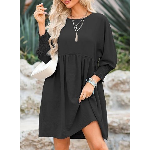 Womens Babydoll Mini Dress 3/4 Sleeve