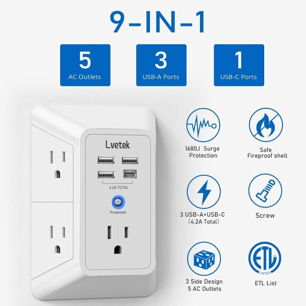 Lvetek 多功能插座 5位 4 USB 白色