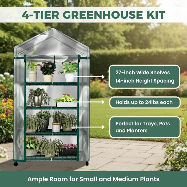 4 Tier Mini Greenhouse with Wheels PVC Cover