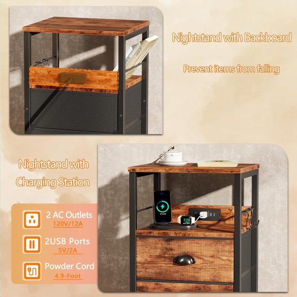 Furologee Nightstand Set 2 Drawers with Charging Station