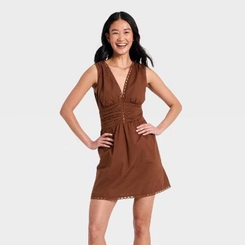 A New Day Lace Trim Mini Dress Brown S