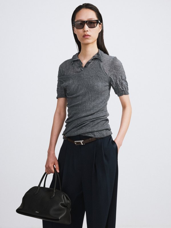 RECTO Pleated Wool Blend Short Sleeve Top