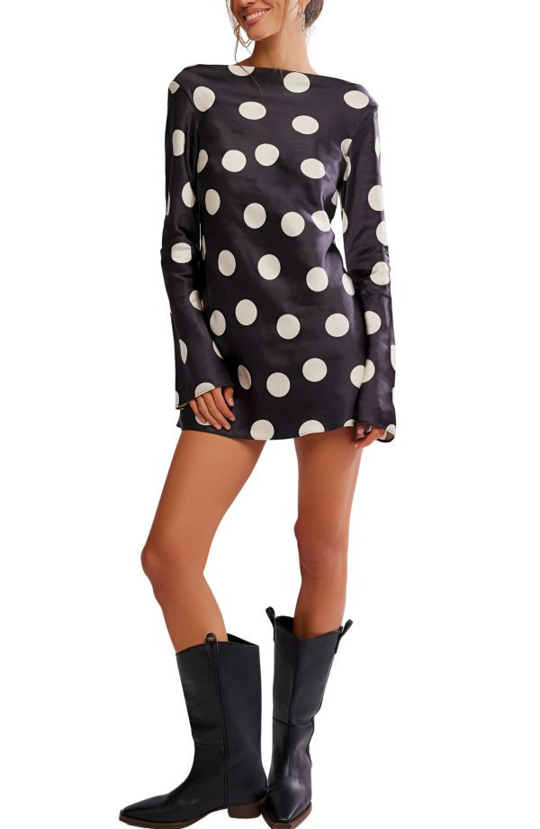 Tigre Polka Dot Satin Long Sleeve Minidress