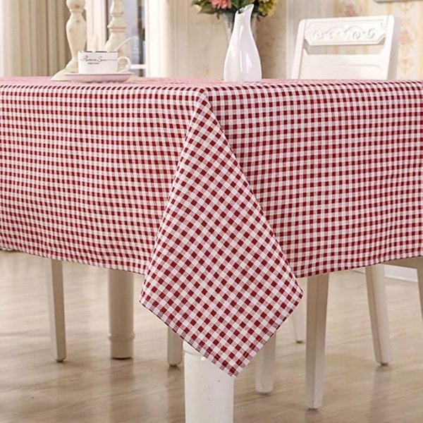 Cotton Linen Red White Checked Tablecloth 55×87 inch
